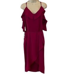 JustFab size 14 pink silky faux wrap dress perfect for wedding cold shoulder